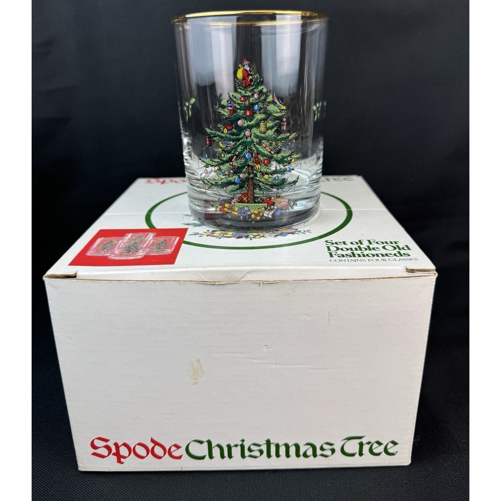 Spode Christmas Tree Double Old Fashioned Gold Rimmed Glasses Set Of 5 - Picture 8 of 8